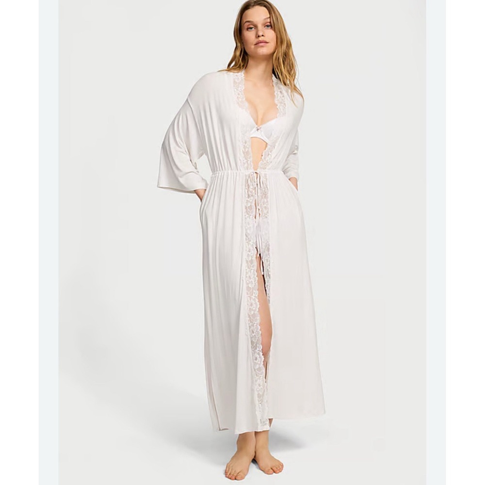 Victoria‎ Secret Women XL Modal Lace Trim Robe Ivory/off White Mint Condition